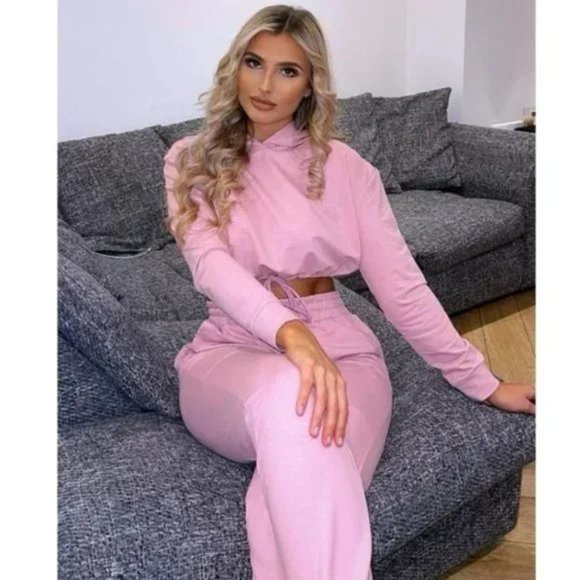 Pink Long Sleeve Hooded Crop Top and High Waist Joggers Pants Two Piece Set - Picture 8 of 17
